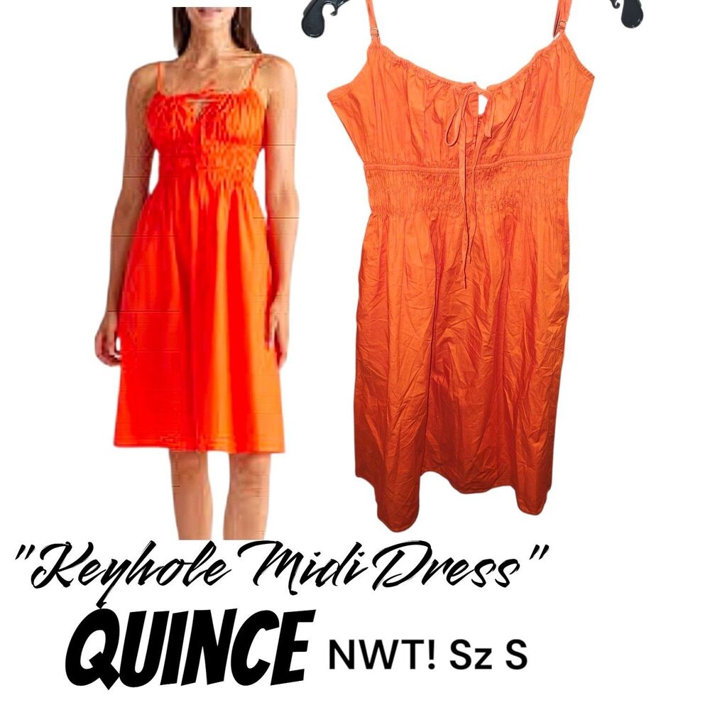 Quince NWT Sz S 100% Organic Cotton Keyhole Vermillion Red Smocked Midi Dress